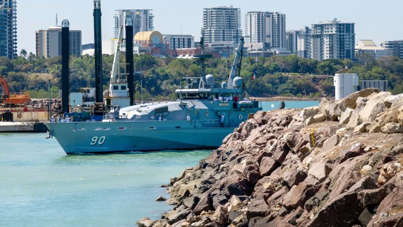 HMAS Broome enters Darwin harbour for the last time prior decommissioning at Darwin, NT.