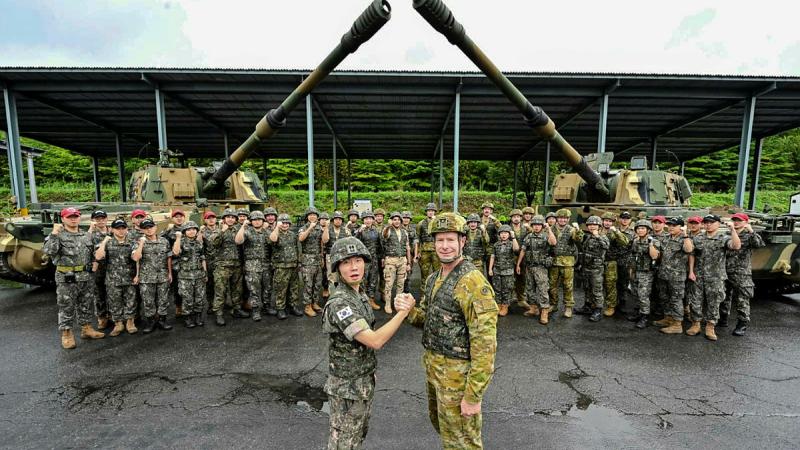 Australian Army and Republic of Korea soldiers on a familiarisation training course for the K9 self-propelled howitzer and the K10 Armoured Ammunition Resupply Vehicle in South Korea.