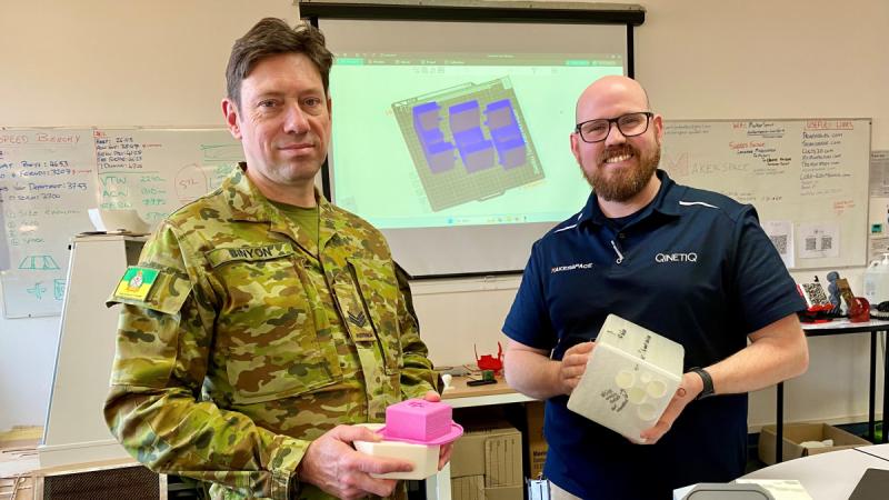 Australian Defence Force School of Health Sergeant Tim Binyon and MakerSpace Site Supervisor Ryan Aisbett stand with the prototypes for a wound packing cube on 7 August 2024 at Latchford Barracks.
