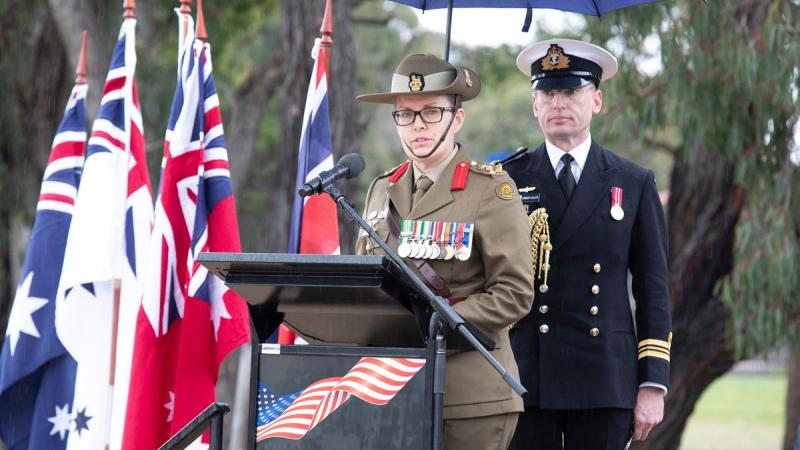 Commander 2nd Health Brigade, Brigadier Jocelyn King addresses the guests at the Victory in the Pacific Day memorial service at Cabra-Vale Memorial Park on 14 August 2024.