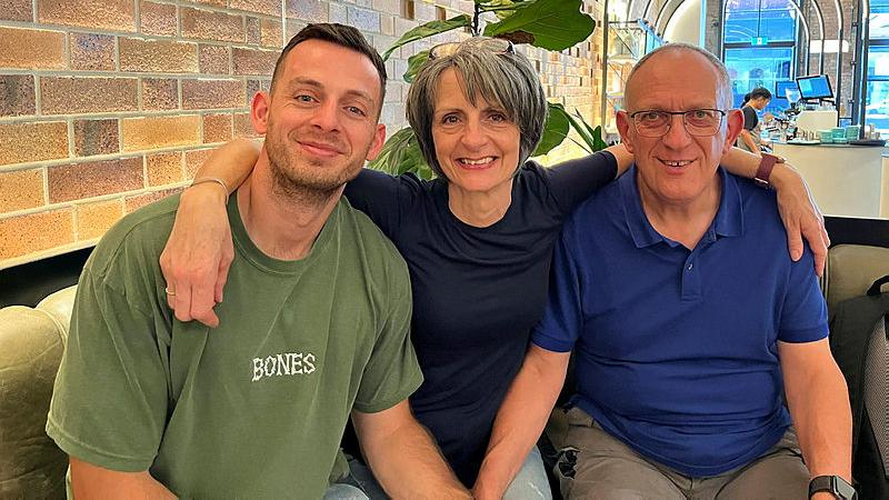 Corporal Liam Marsh with mother and stepfather, Keith, in Brisbane during their first visit to Australia in 2022.