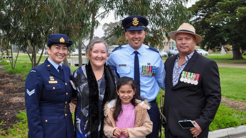 The Enchong family celebrates together after Flying Officer Jason Enchong's Officer Training School march out.  (L-R) Corporal Tara Enchong, Mrs Trish Enchong, Ariana Enchong, Flying Officer Jason Enchong, Warrant Officer Mick Enchong (retired).