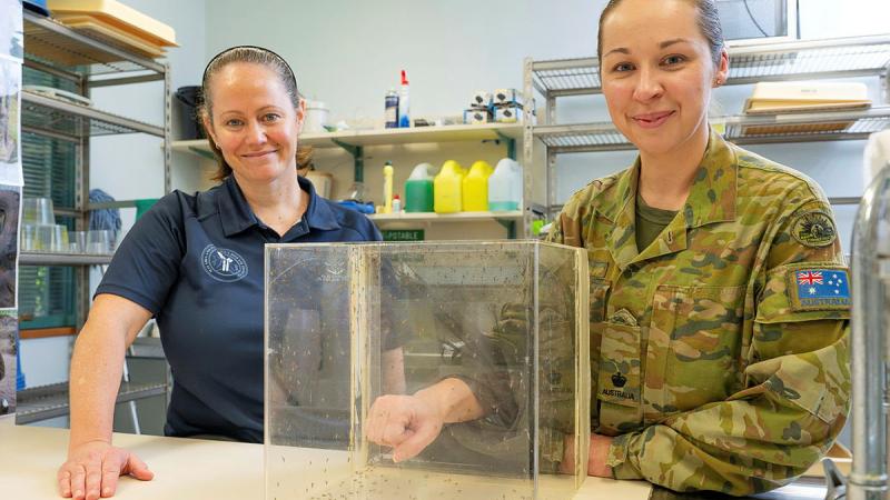 Major Lisa Rigby (right) and Ms Donna MacKenzie inspect mosquitos at the ADF Malaria and Infectious Disease Institute at Gallipoli Barracks in Enoggera, Brisbane. 