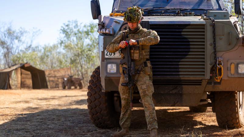 A Royal Australian Air Force aviator from No. 2 Security Forces Squadron conducts simulation grenade training at RAAF Base Curtin in Western Australia as part of Exercise Austral Shield 2024.