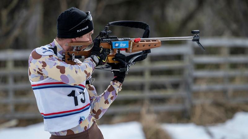 Private Jack Hirst fires his weapon in a Biathlon sprint event during Exercise Coolshot 24. 