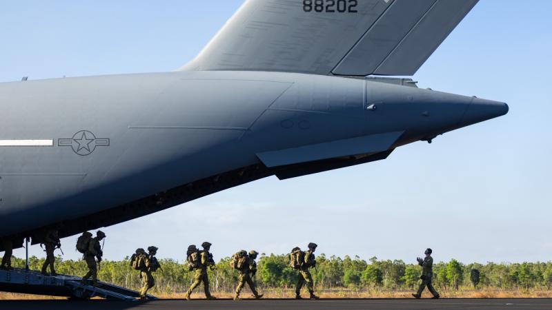 Army soldiers from the 7th Brigade arrive at RAAF Base Scherger in Weipa North Queensland during Exercise Diamond Trident 2024.