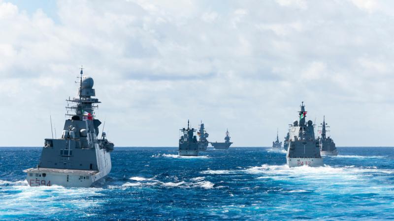 Navies from Australia, France, Germany, Italy and Japan conduct a formation foxtrot during multinational task group activities.