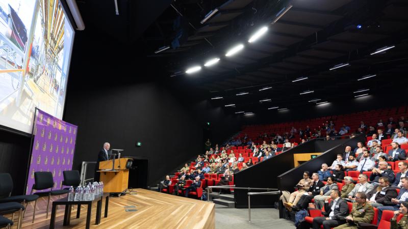 Former Defence minister Robert Hill delivers the keynote address at the 2024 ADF Fuel Symposium, held at Adam's Hall, ADFA, Canberra.