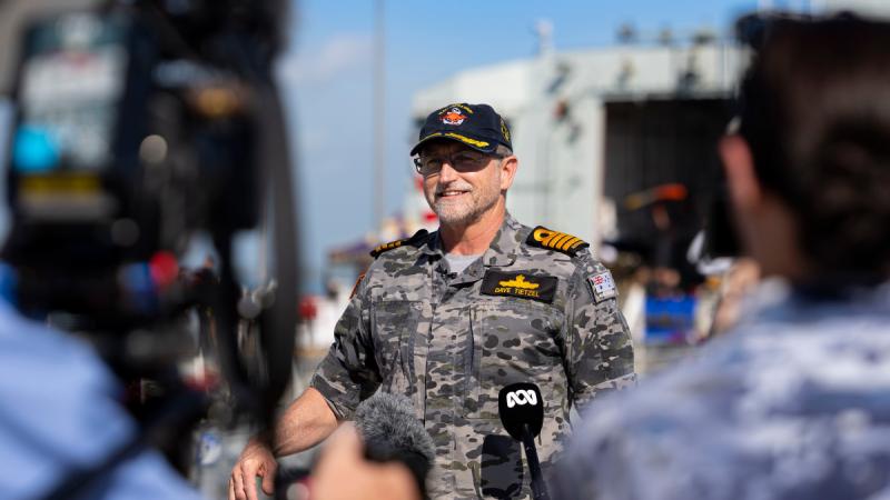 Navy officer Captain Dave Tietzel, the Exercise Director for Exercise Kakadu 2024, addresses the media during a media doorstop at HMAS Coonawarra, NT.