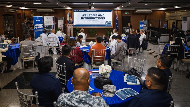 Australia’s Deputy Ambassador to the Philippines Moya Collett delivers a presentation opening the Strategic Maritime Law and Security Workshop at the National Defence College of the Philippines during Indo-Pacific Endeavour 2024.