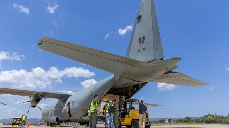 Cargo is unloaded from a RAAF C-130J Hercules at Adisutjipto Air Force Base in Yogyakarta, Indonesia, as part of Exercise Rajawali AusIndo.
