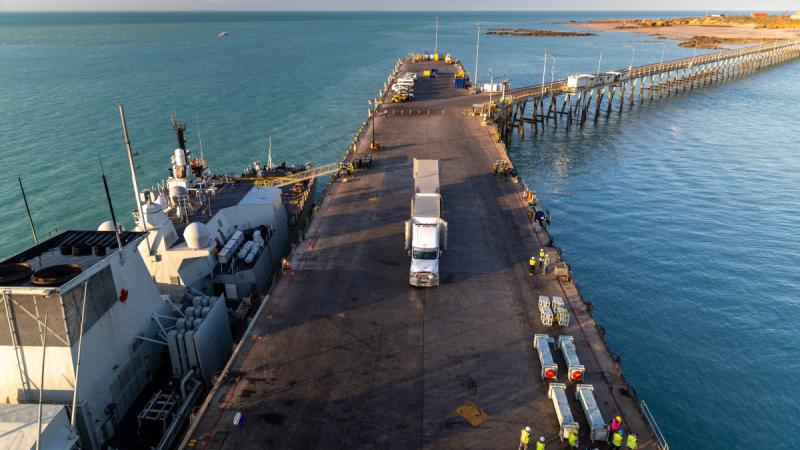 Royal Canadian Navy frigate HMCS Vancouver conducts an ammunitioning at the Port of Broome, Western Australia.
