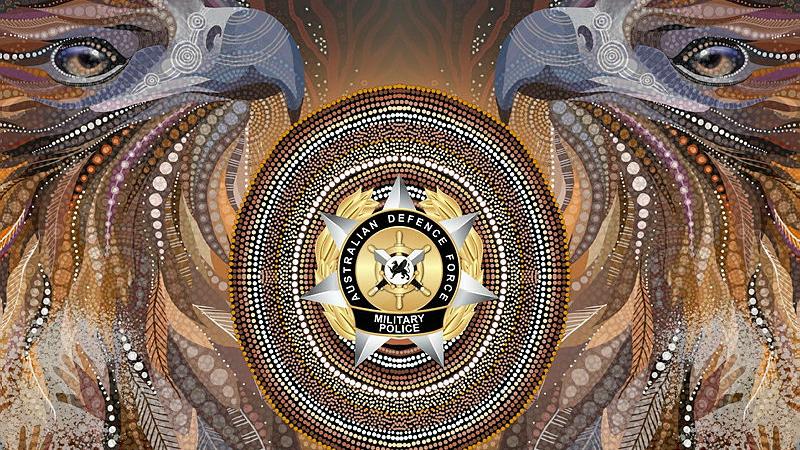 Commissioned First Nations artwork by Kristie Peter, features two wedge-tailed eagles with the Australian Military Police badge featured in the middle.