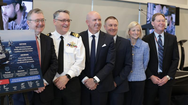 Senior representatives from Defence and industry formally sign the Enterprise Charter for the Destroyer Enterprise at the Osborne Naval Shipyard. 