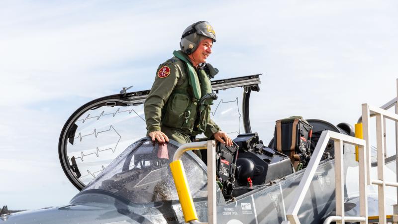 Squadron Leader Stephen Bihary exits a 79 Squadron Hawk 127.