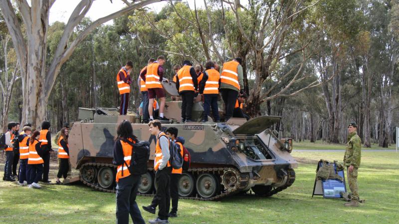 Victorian high school students attend an Army careers day at Puckapunyal, learning about different employment pathways within the ADF as part of a Defence Work Experience Program.