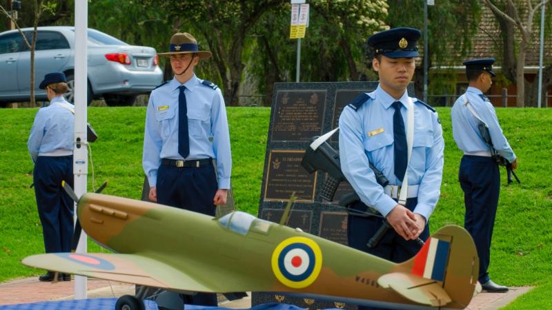 Air Force aviatiors and an Australian Air Force Cadet stand as part of the Catafalque party, during the Battle of Britain Commemoration held at Torrens Parade Ground, Adelaide, South Australia.