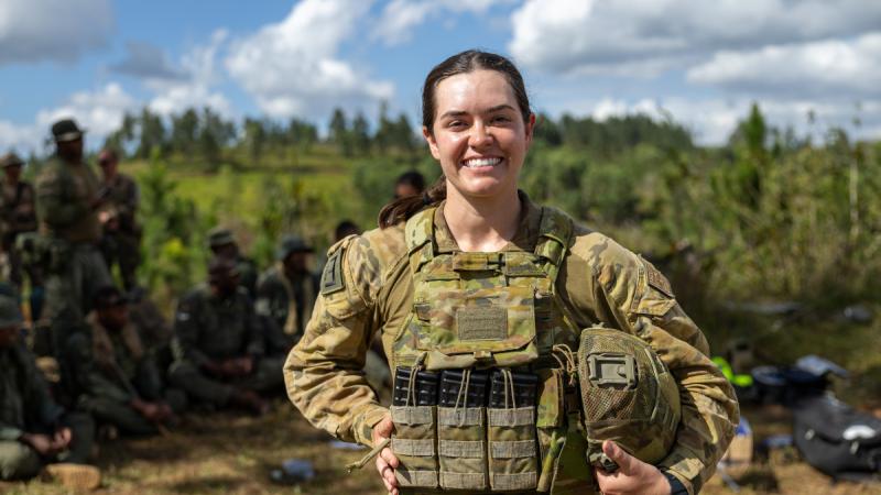 Lieutenant Lara Hamblin on Exercise Cartwheel as the officer in command of demolitions, Nasouri Highlands, Fiji.