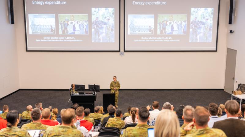 Major Angela Uphill, of the 2nd Health Brigade, presents during the Army Human Performance Symposium.