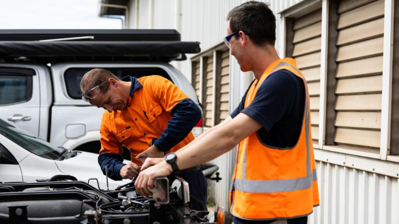 Army officer Captain Cooper Rzepka (right) and soldier Sergeant Gary Kelly (left) from 3rd Brigade conduct work placement with AEP Engineering at Townsville, Queensland.