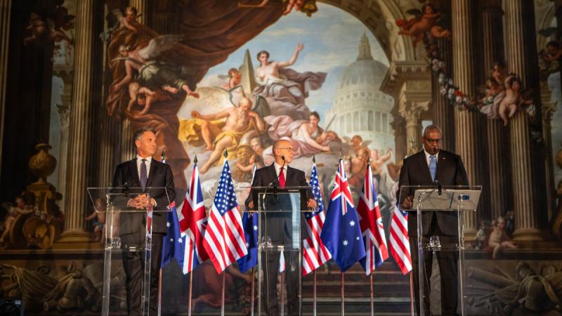Australian Deputy Prime Minister and Defence Minister Richard Marles, UK Secretary of State for Defence John Healey, and US Secretary of Defense Lloyd Austin III address the media in the Painted Hall at the Old Royal Naval College, Greenwich, UK.