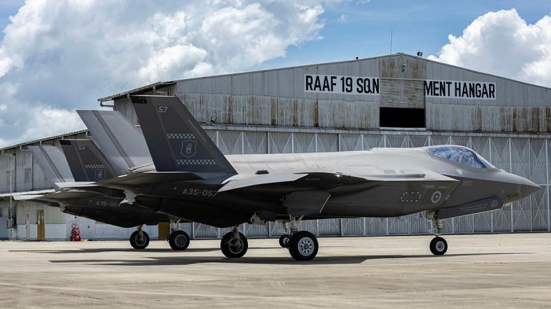 Two 77 Squadron F-35 Lightning II aircraft on the 19 Squadron apron at Royal Malaysian Air Force Base Butterworth during Exercise Elangaroo 24.