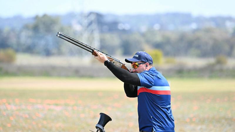 An ADF member in action at the Combined Services Clay Target Shooting Championships in Wagga Wagga.