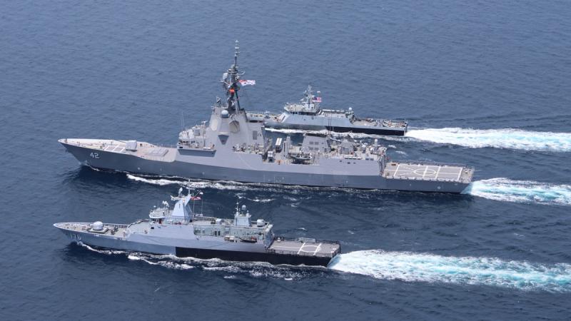 Royal Malaysian Navy Ship KD Rencong and KD Selangor conduct officer of the watch manoeuvres with HMAS Sydney off the coast of Kota Kinabalu, Malaysia for MASTEX during Indo-Pacific Endeavour 2024.