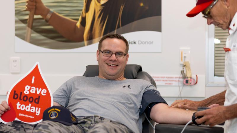 Leading Seaman Matthew Winning, of HMAS Coonawarra, donates blood as part of the Defence Blood Drive at the Lifeblood Darwin Donor Centre, Casuarina, NT.