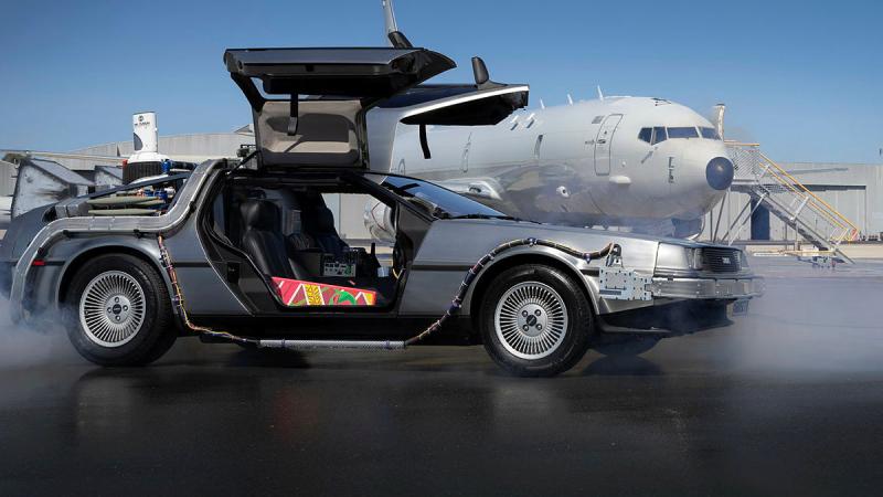 A DMC DeLorean replica time machine car visits the RAAF Base Edinburgh flight line. 