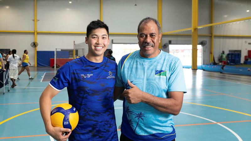 Lieutenant Tyson Nguyen and Jeffrey Pasio during the sports training program at the Solomon Islands National Institute of Sport, Honiara.