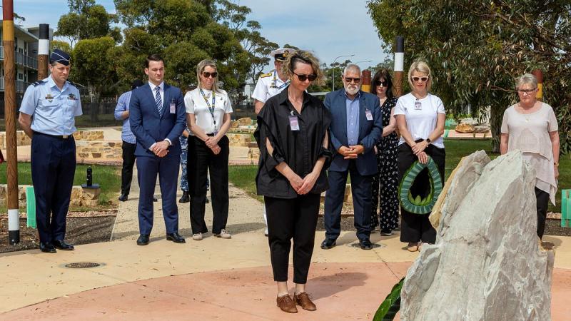 Director Veterans' South Australia, Ms Bianca Wheeler, pays her respects after laying a wreath at the ‘Keeping Place’ at RAAF Base Edinburgh. 