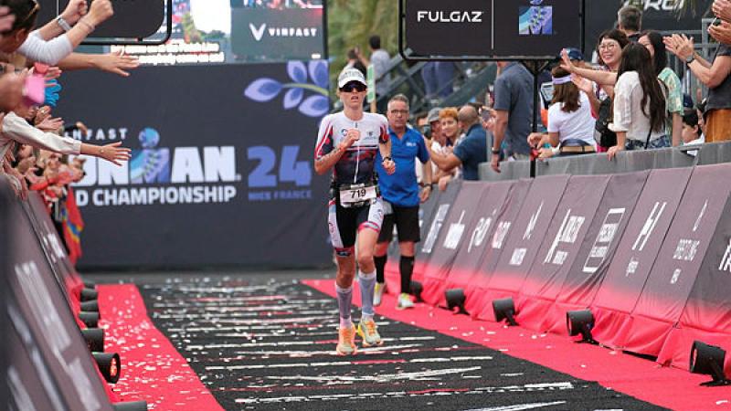 Australian Army officer, Captain Ellen Skerritt, in action during the running leg of her event at the Ironman World Championships in Nice, France.