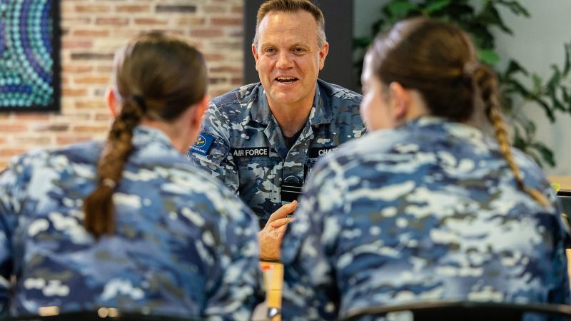 Chief of Air Force Air Marshal Stephen Chappell has lunch and chats with trainees at the Airmens' mess