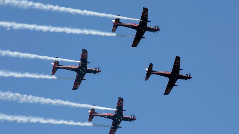 The Air Force Roulettes perform over aerobatics over Newcastle.