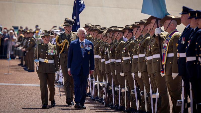 King Charles III inspects Australia's Federation Guard at Parliament House in Canberra. 