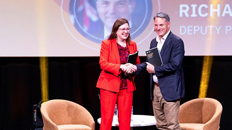 Chief Defence Scientist Tanya Monro joins Defence Minister Richard Marles at the launch of the Accelerating Asymmetric Advantage - Delivering More, Together strategy. 