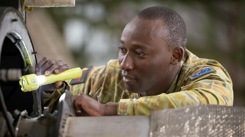 Australian Army soldier Craftsman Habibu Mbwana working on an aircraft at the RAAF School of Technical Training in Wagga Wagga, NSW. 