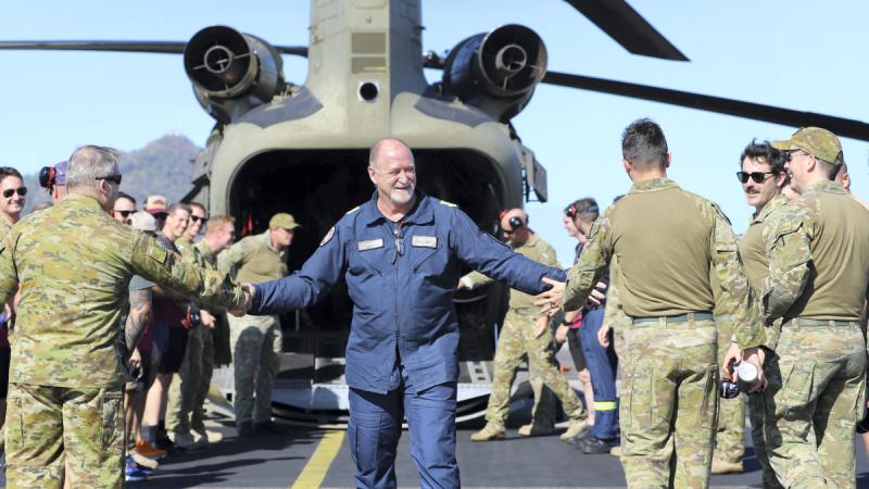 5th Aviation Regiment Boeing pilot instructor Jim Crowe clocks-up 3000 flight hours in Chinooks while at the controls of A15-310 'Cowboy' at RAAF Base Townsville.