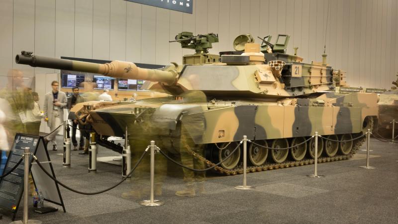 An Australian Army M1A2 SEPv3 Abrams main battle tank on display at the 2024 Land Forces Expo in Melbourne.