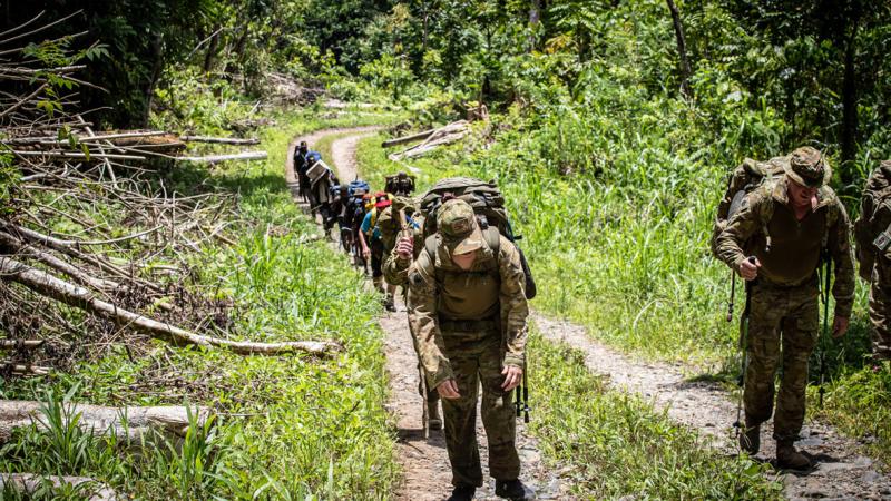 Australian Army Jonathan Church Good Soldiering Award recipients follow Lark Force’s withdrawal route through the jungle between the villages of Dodul and Maranagi in East New Britain, PNG. 
