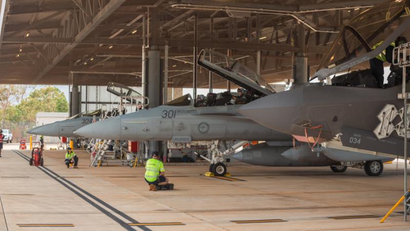EA-18G Growlers from 6 Squadron and F-35A Lightning IIs from 75 Squadron on the flight line at RAAF Base Tindal, NT, during Trial Swagman.