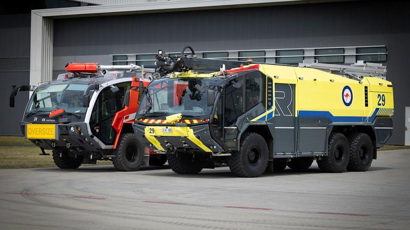 A new (right) and old (left) Panther Fire truck at RAAF base Amberly, October 2024. 
