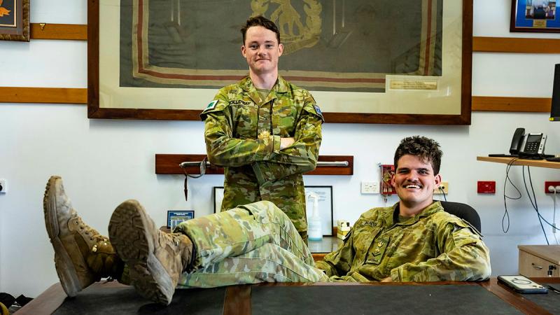 Lance Corporal Ben Pascoe and Private Shanon Holloway from 1st Battalion, The Royal Australian Regiment take on the roles of Commanding Officer and Regimental Sergeant Major for the day at Lavarack Barracks Townsville, Queensland. 