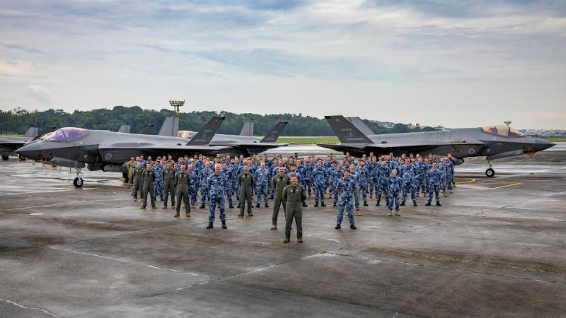 Royal Australian Air Force 77 Squadron members on the apron with the F-35A Lightning II at Paya Lebar Air Base during Exercise Bersama Lima 2024, Singapore.
