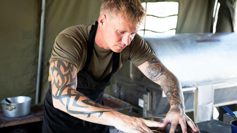 Australian Army Chef, Corporal Lee Kemp from 1st Catering Platoon, 10th Force Support Battalion during one of the Exercise Golden Plate cooking scenarios at Gallipoli Barracks, Queensland. 
