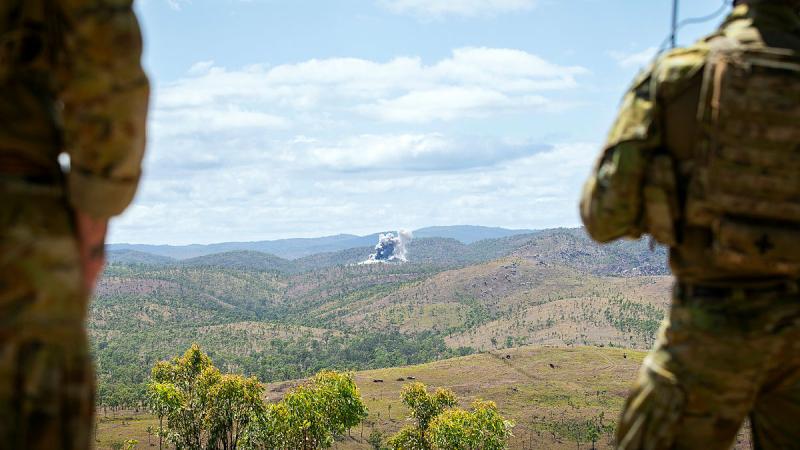Australian Army Joint Tactical Attack Controllers from 4th Regiment, Royal Australian Artillery observe round impacts during Exercise Nigrum Pugio with RAAF at Townsville Field Training Area, Townsville, Queensland. Photos: Trooper Dana Millington