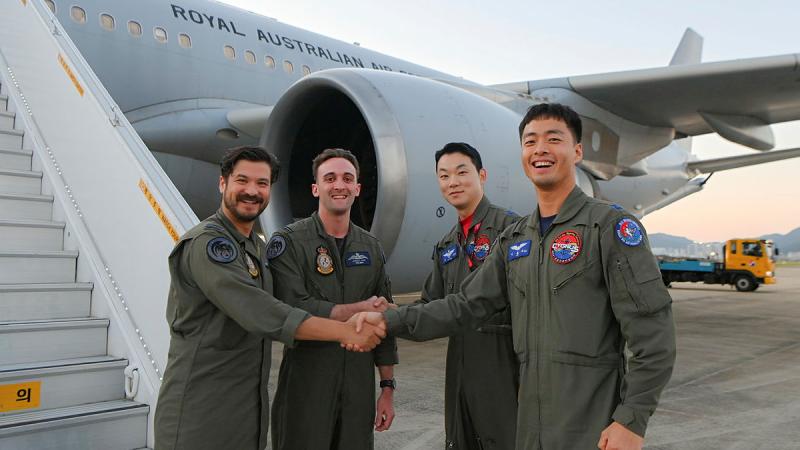Members of Royal Australian Air Force 33 Squadron meet counterparts from the Republic of Korea Air Force at Gimhae Air Base during Exercise Freedom Flag 24-1.
