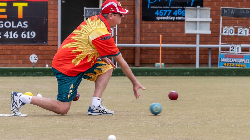 Warrant Officer Class 1 Darren Peak bowls during the ADF Lawn Bowls National Championships, at Windsor Bowling Club. 