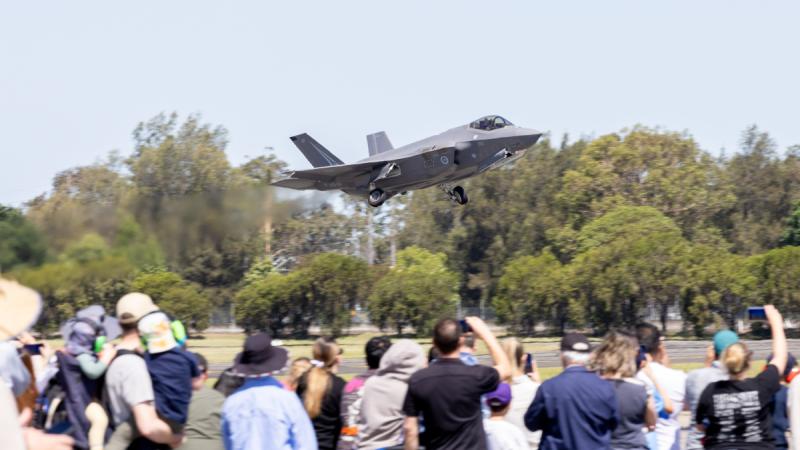 An F-35A Lightning II takes off during the community open day at RAAF Base Richmond.